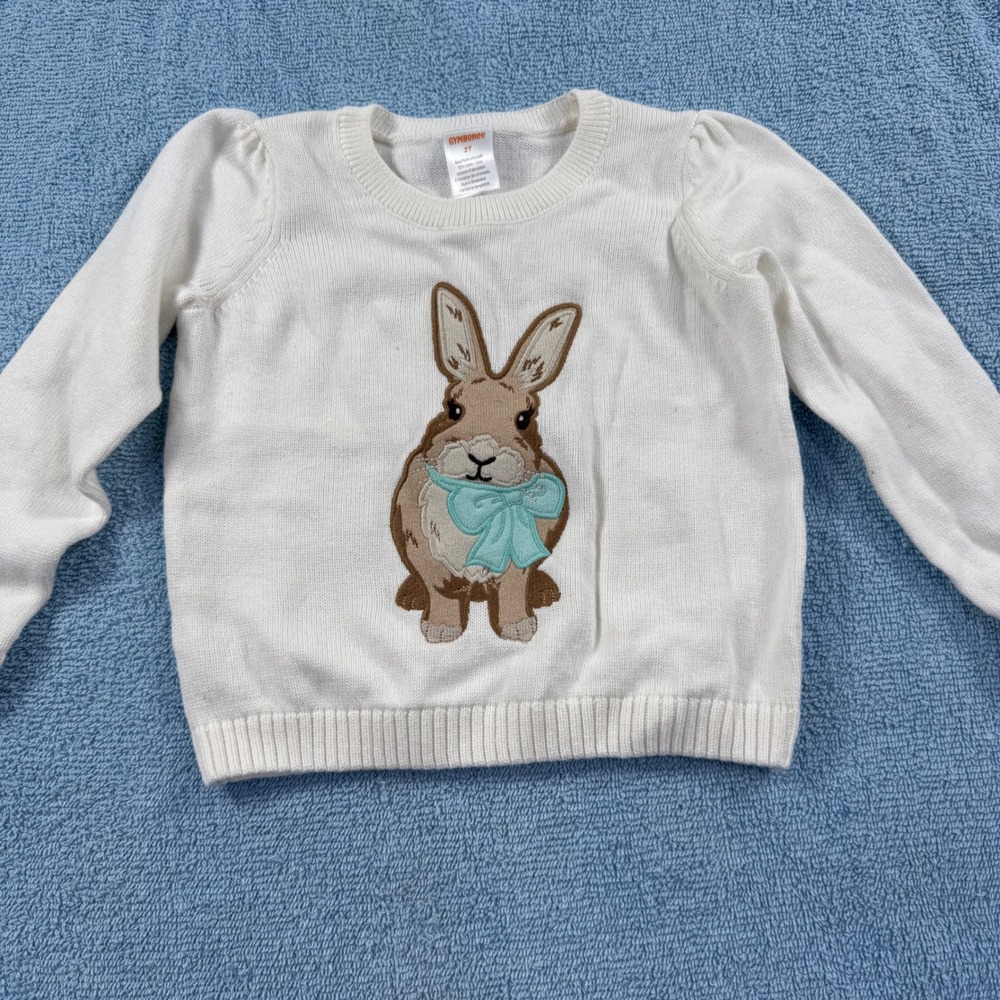 Gymboree Girls White Cotton Knit Bunny Rabbit Sweater Teal Bow 2T